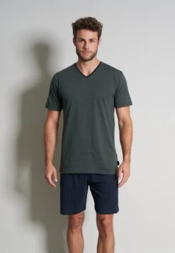 Tom Tailor Shorty V-Neck Set - Pyjama - Grün Dunkel Ringel