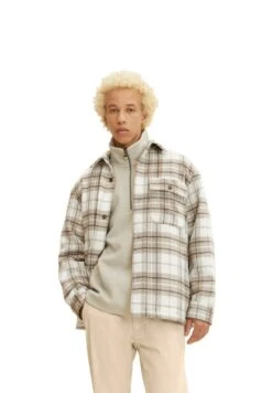 TOM TAILOR Denim Halflange Jas - Off White Beige Big Cosy Check -Syntia Delaney b4d708b072874024ad3cd4aa039c37c2